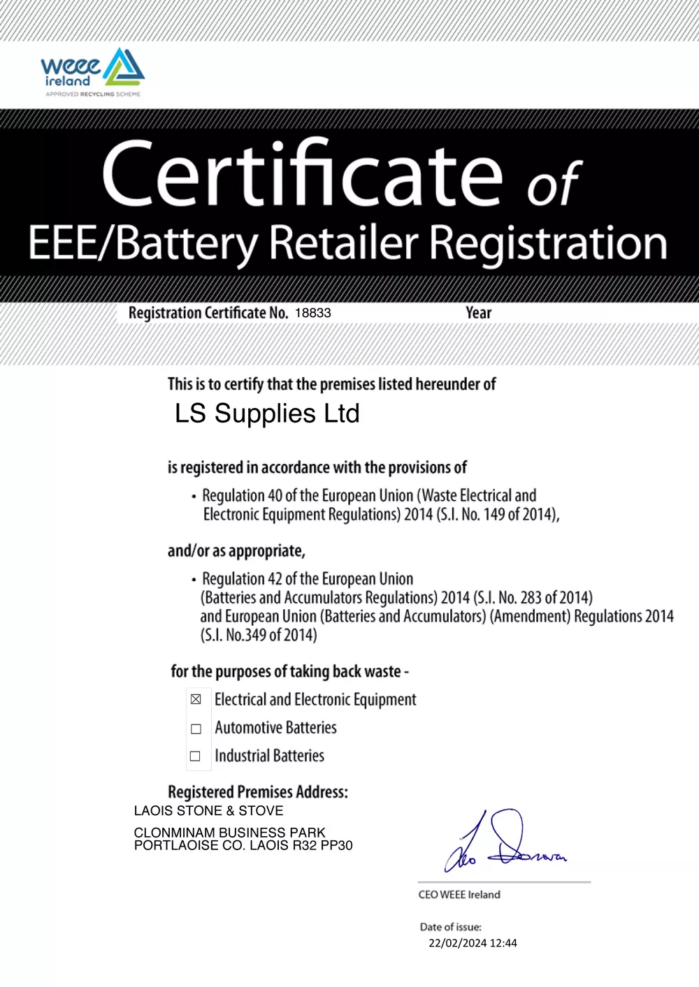 WEEE Certificate 18833 2222024